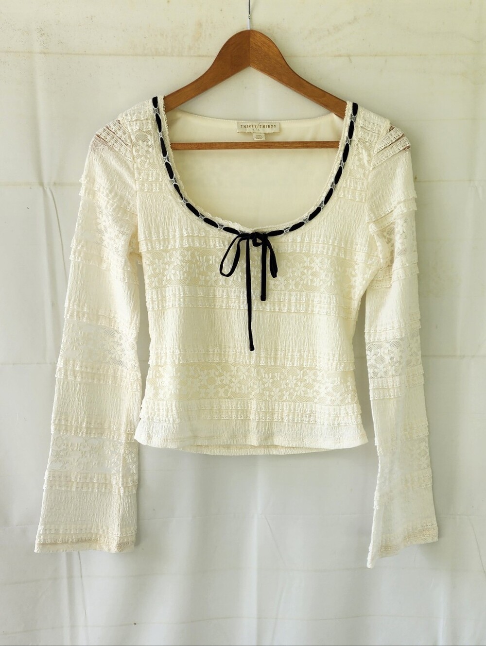 White Lace-Textured Scoop Neck Top with Black Tie